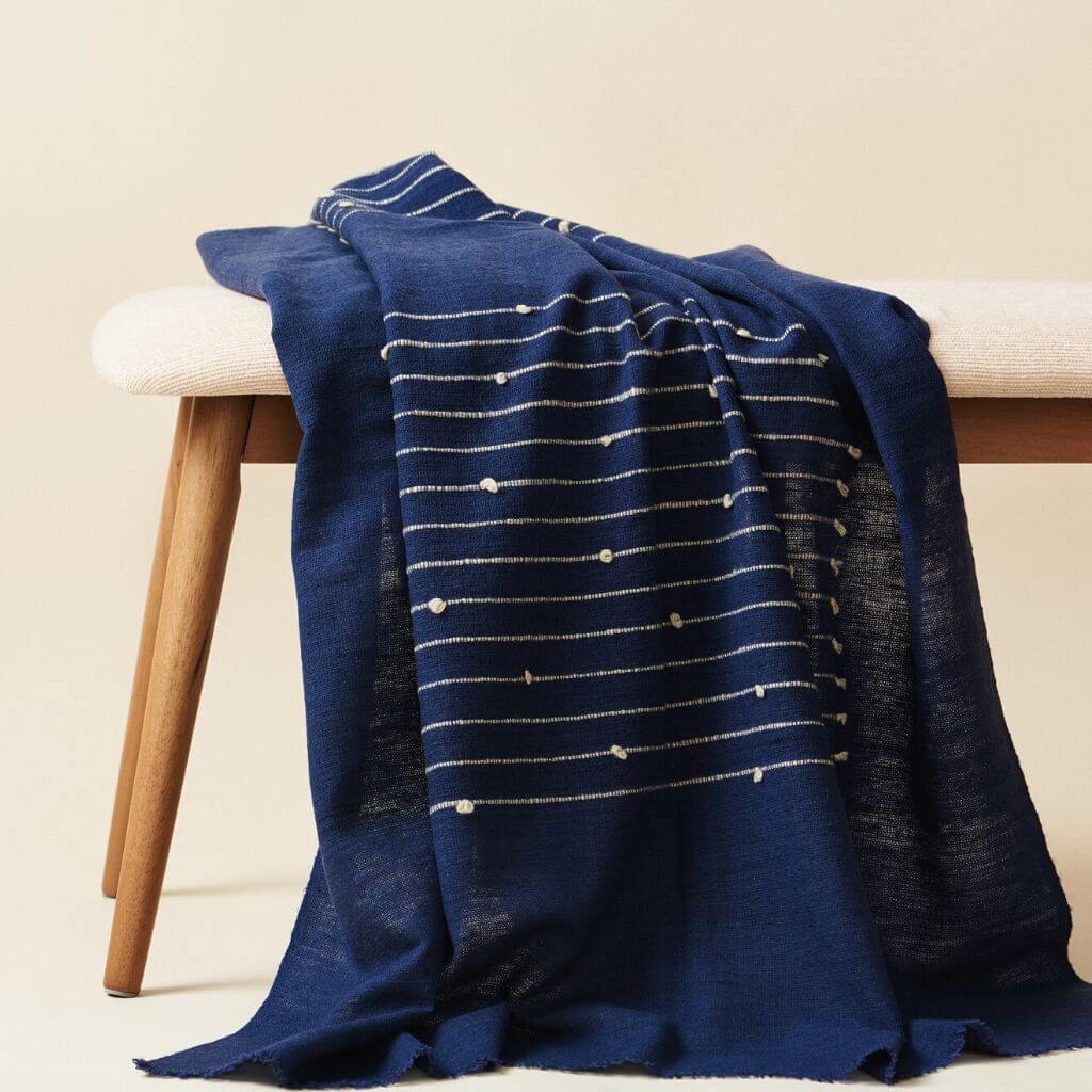 Rosewood Indigo Hand Knotted Stripes Handloom Merino Throw