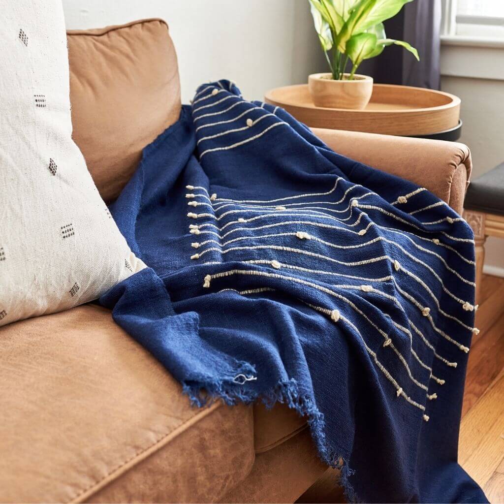 Rosewood Indigo Hand Knotted Stripes Handloom Merino Throw