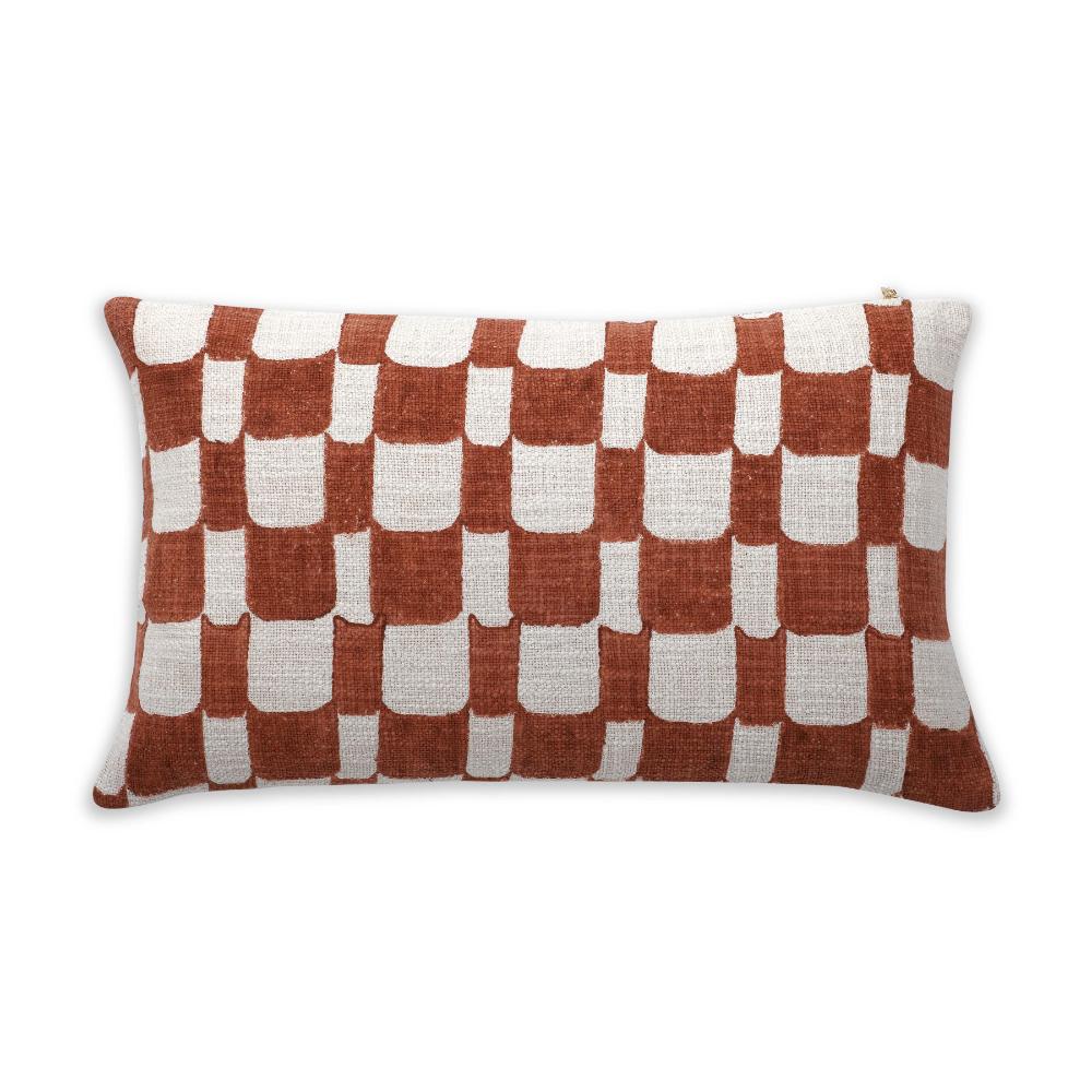 Checkered Block Printed Pillow in Rust