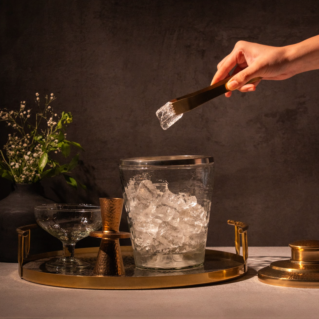 Pebbled Ice Bucket / Tongs Set