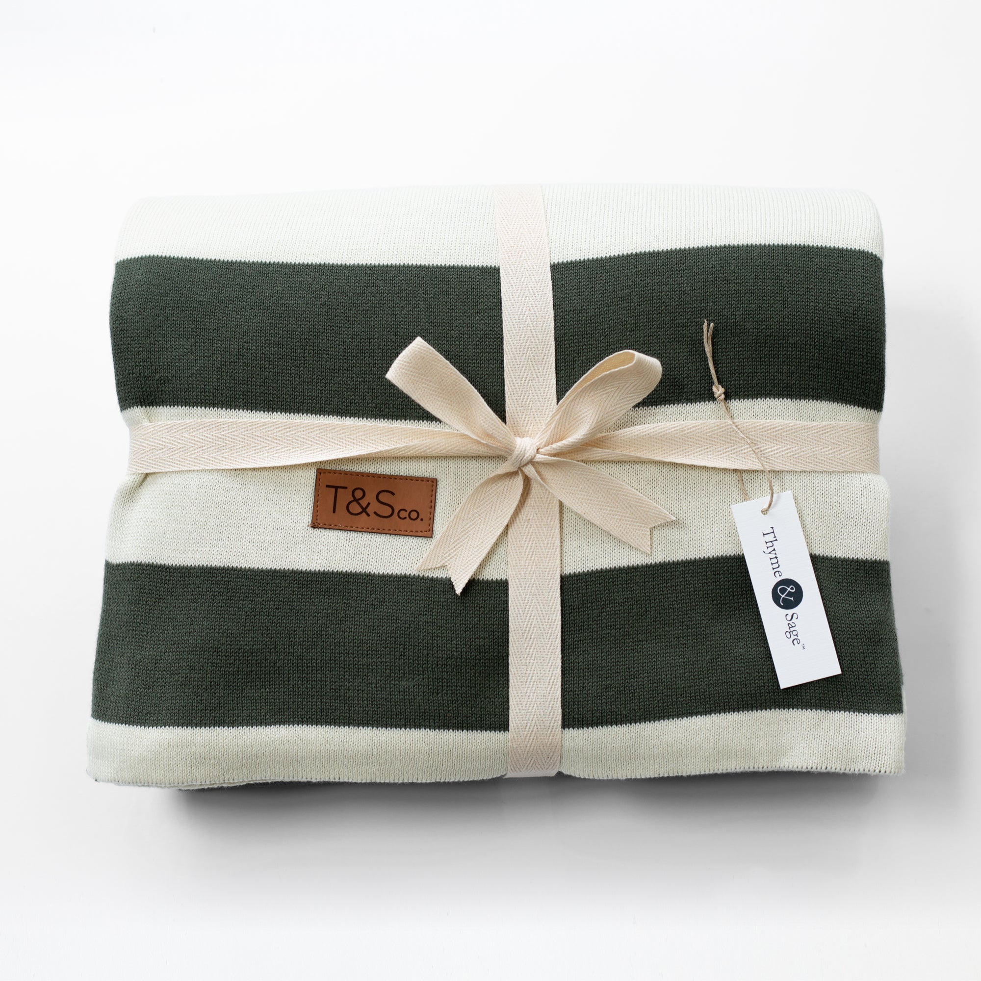 100% Cotton Knitted Throw - Chunky Stripe in Fir and Cream