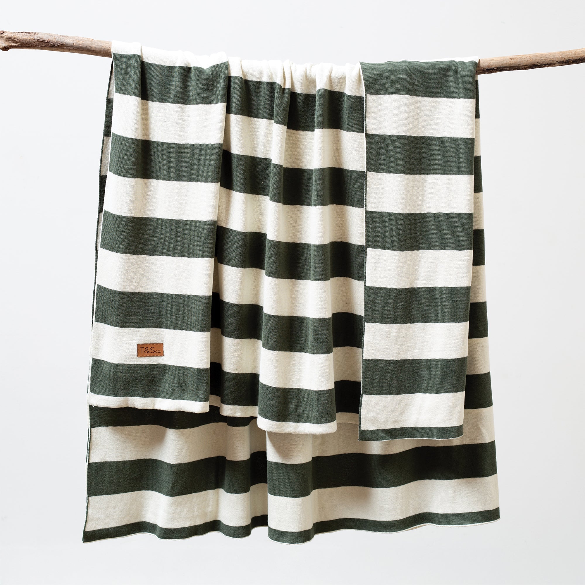 Chunky Stripe Knitted Throw in Fir and Cream