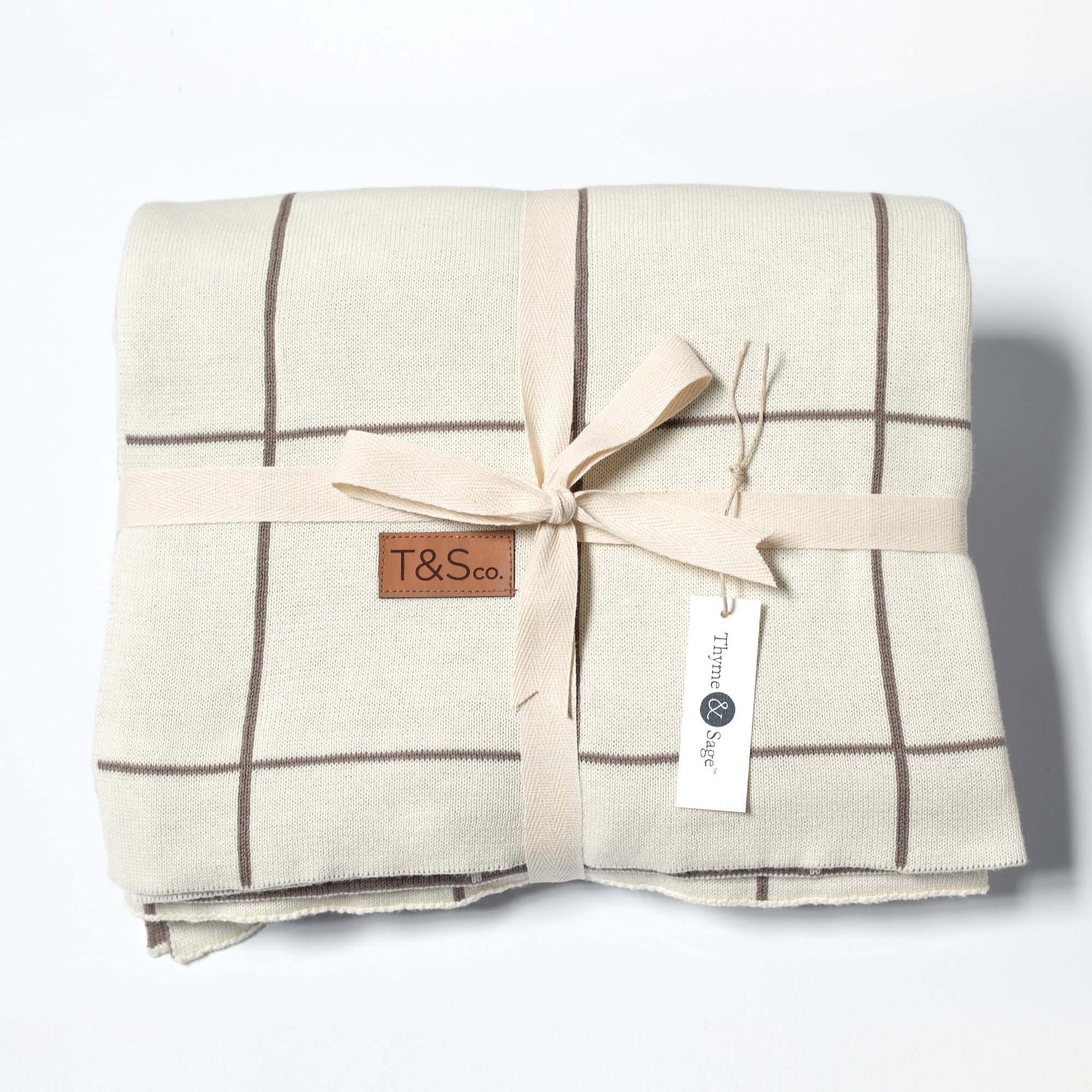 100% Cotton Knitted Throw - Grid in Latte and Cream