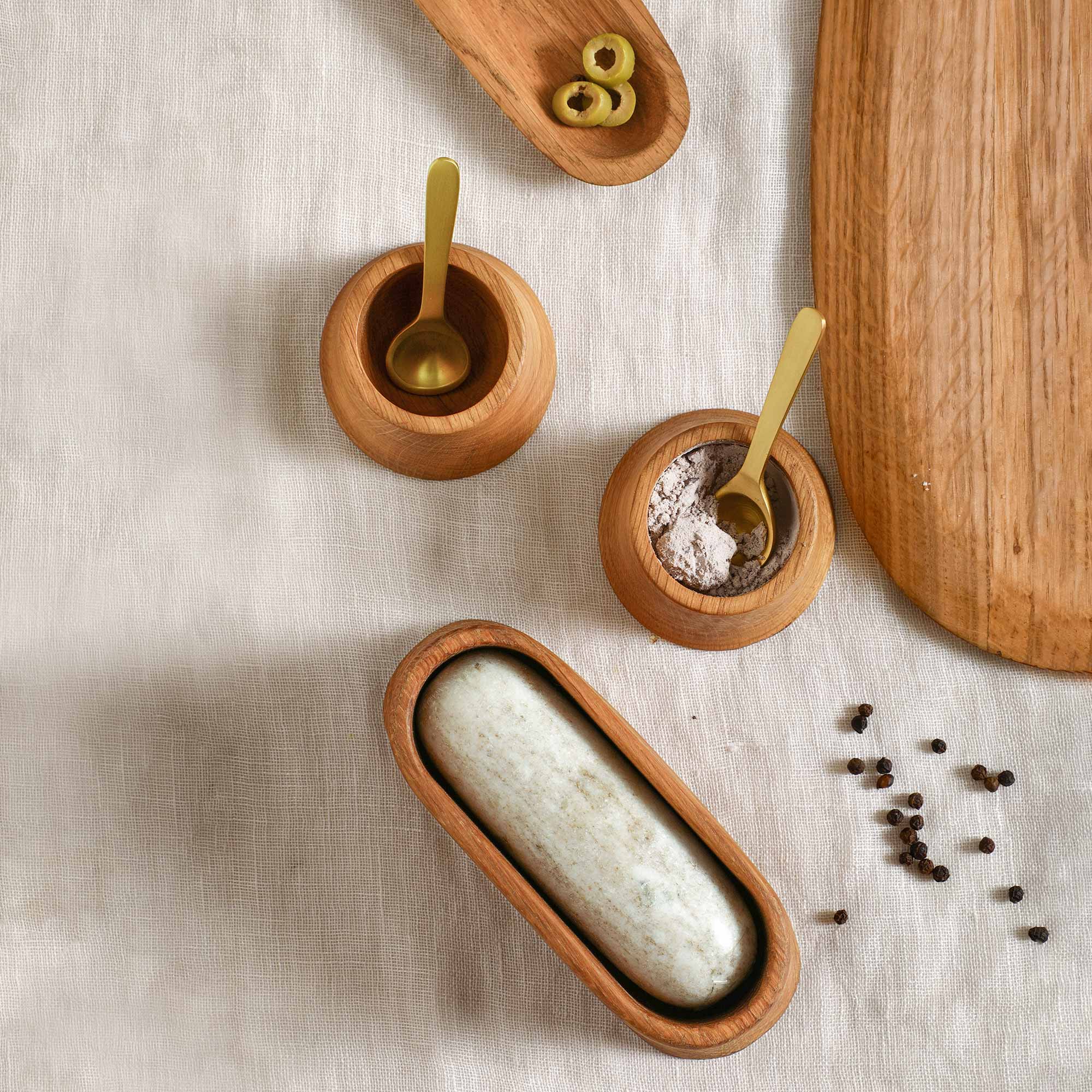 French Oak Pinch Bowls with Spoons (Set of 2)