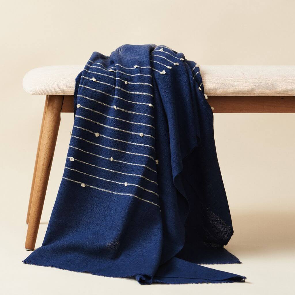 Rosewood Indigo Hand Knotted Stripes Handloom Merino Throw