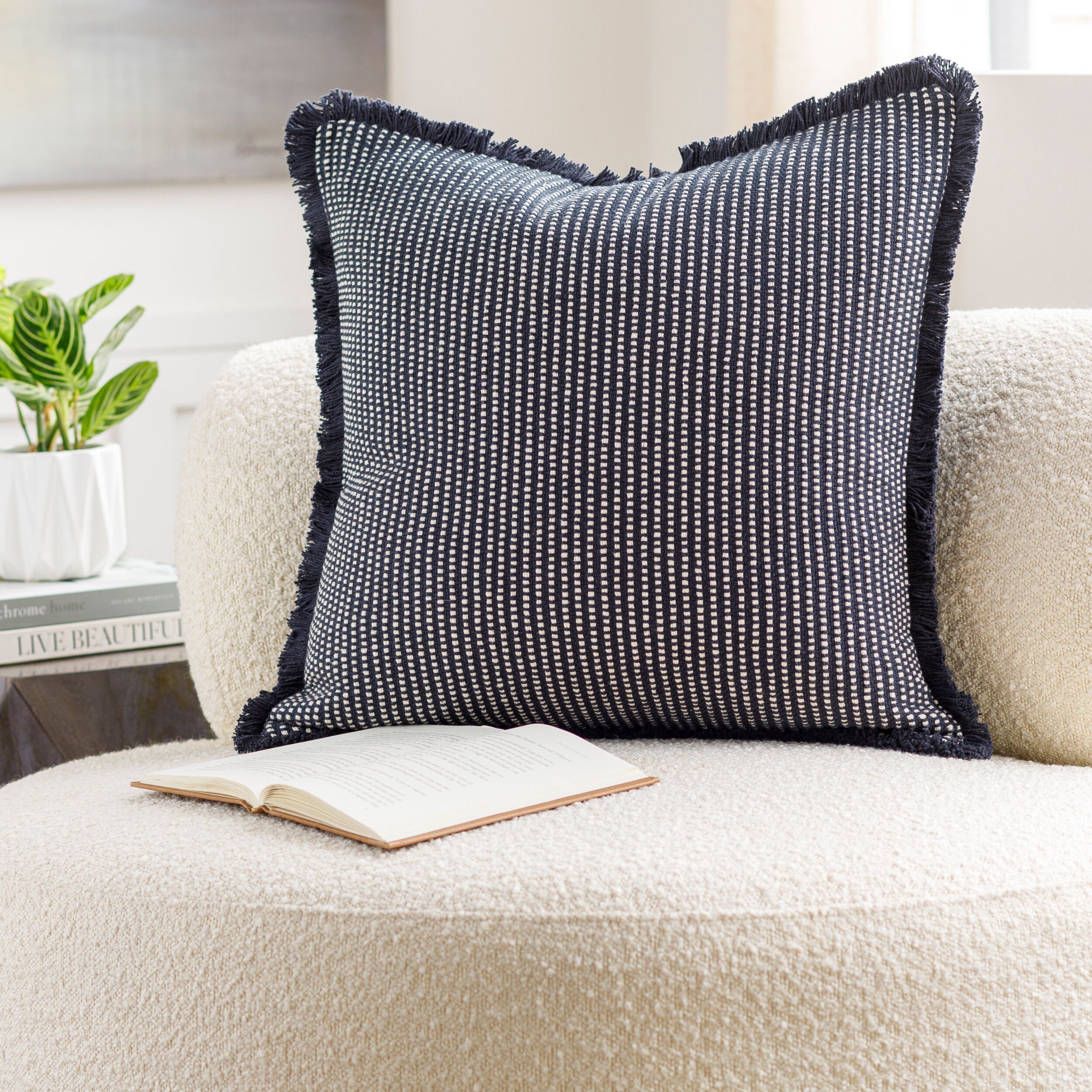 Cotton Fringe Pillow in Navy