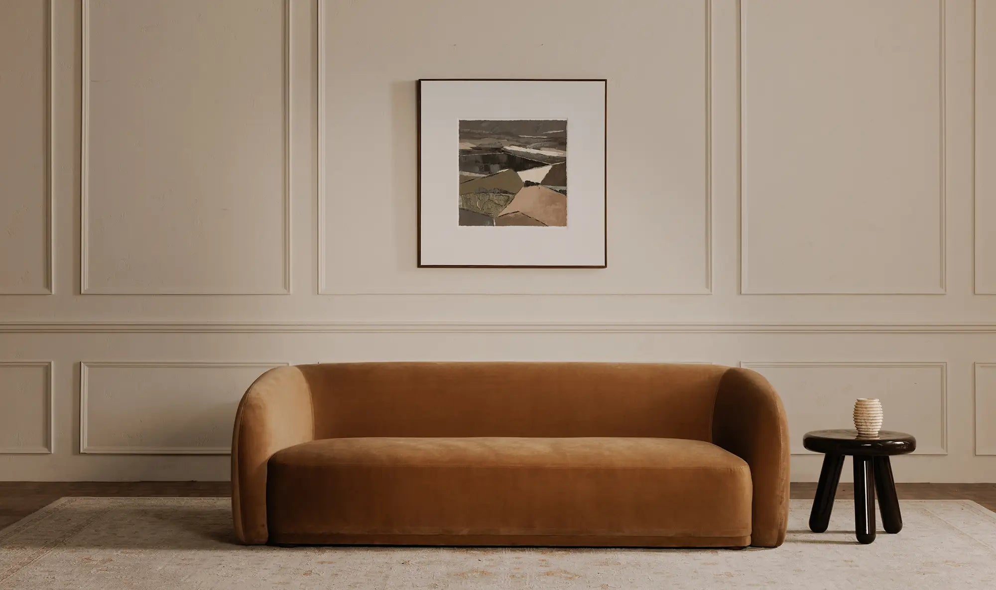 Faye Accent Sofa in Tan Faux Mohair