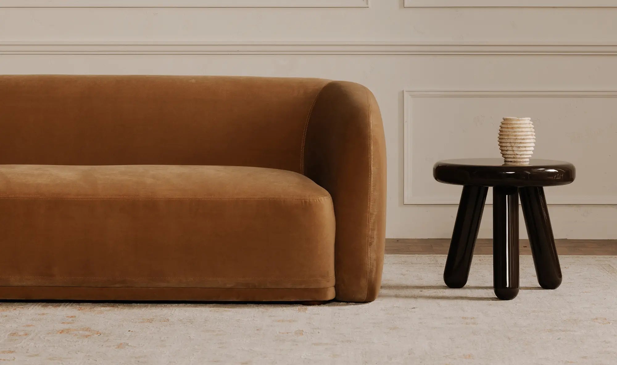 Faye Accent Sofa in Tan Faux Mohair