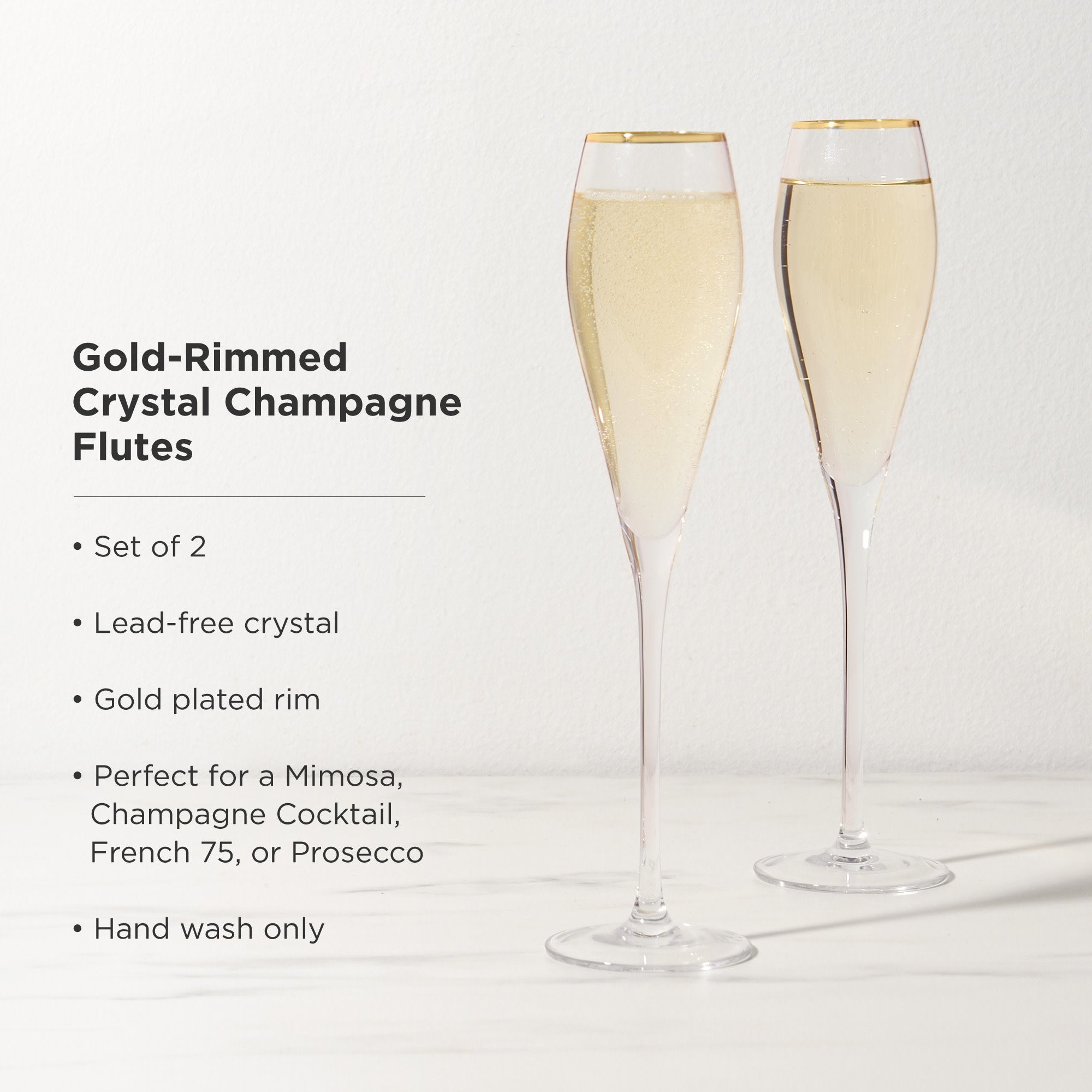 Gold-Rimmed Crystal Champagne Flutes, S/2