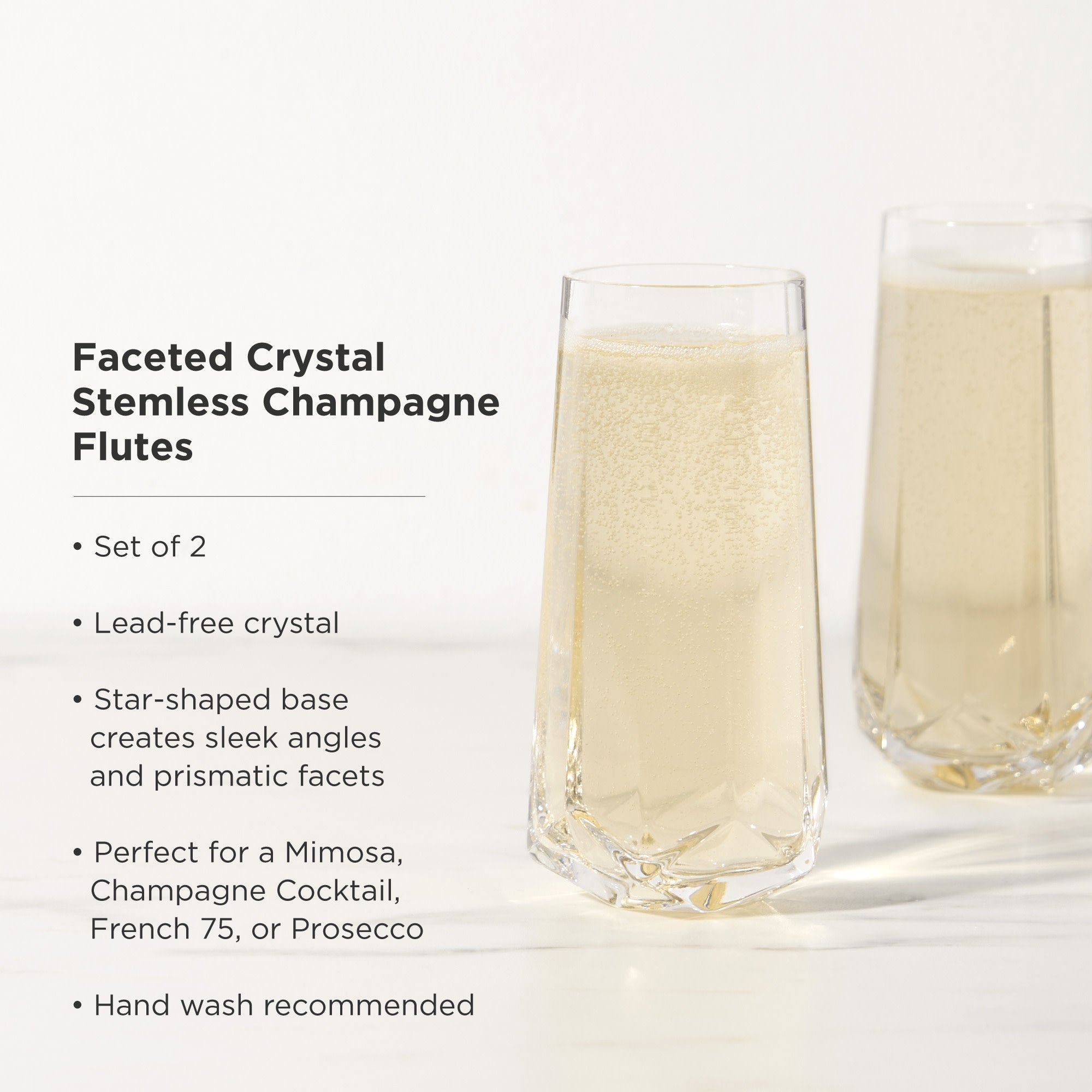 Seneca Faceted Crystal Stemless Champagne Flutes, S/2